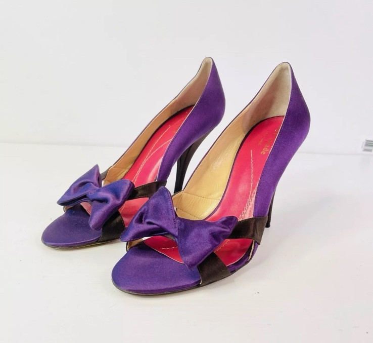 Kate Spade High Heels size 7.5 Purple & Black Hera Satin Heels Designer