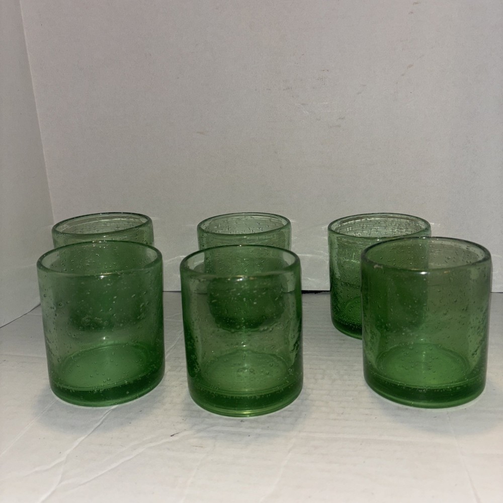 6-Piece Thick Hand-Blown Green Art Glass Lowball Whiskey Glasses