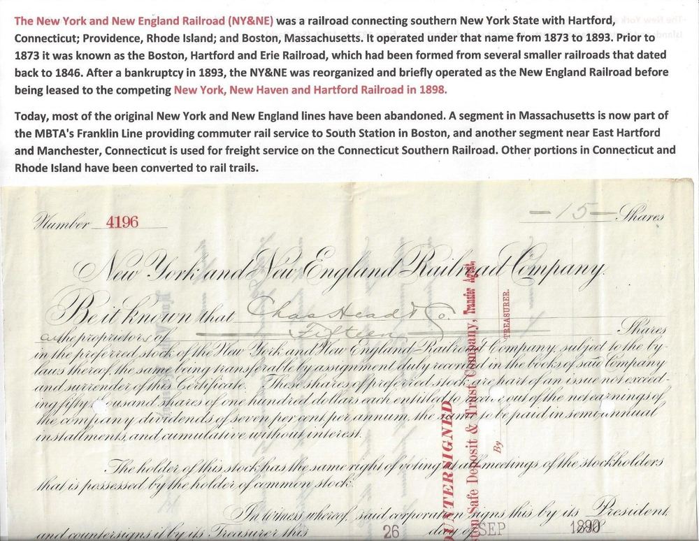 Stock Certificate for New York & New England RR 1890 Boston MA Transitioned into NY NH & H Railroad Co