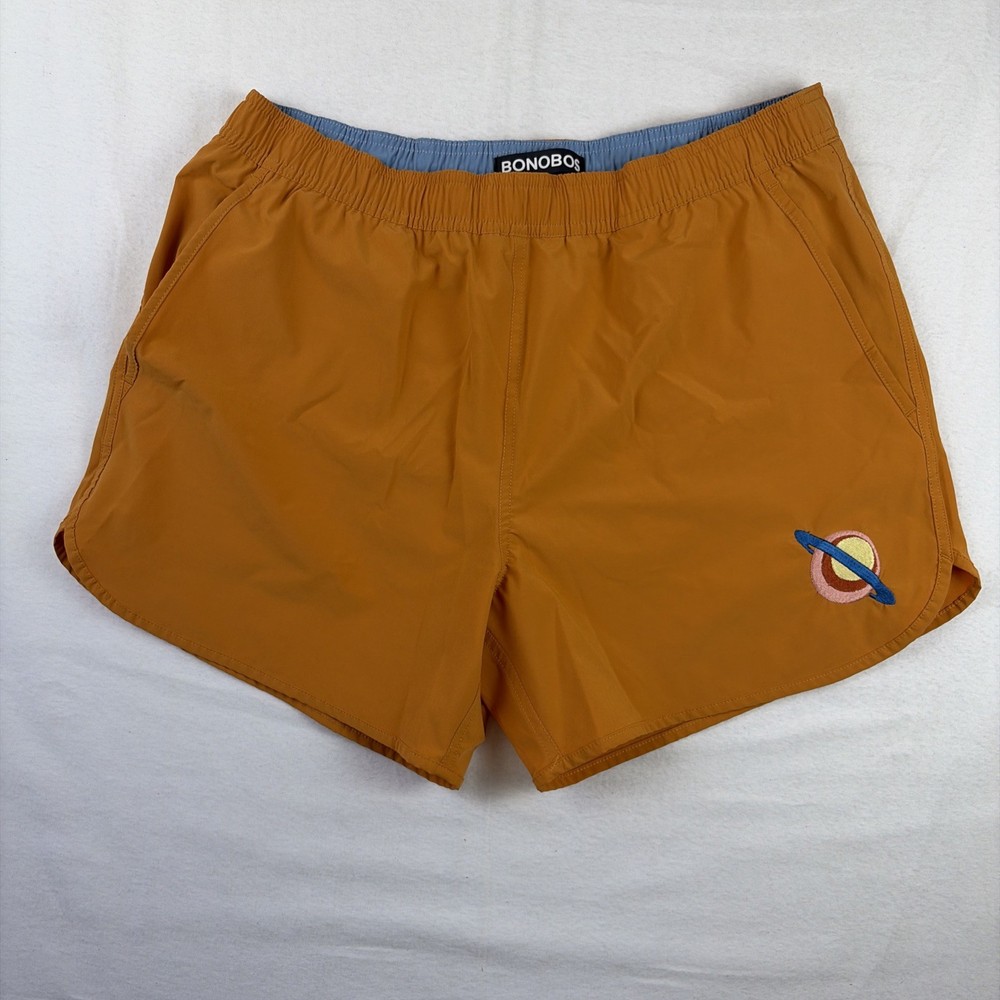 Bonobo Mens Swim Trunks Size Large Orange Saturn Planet Throwback 5 Inch Inseam
