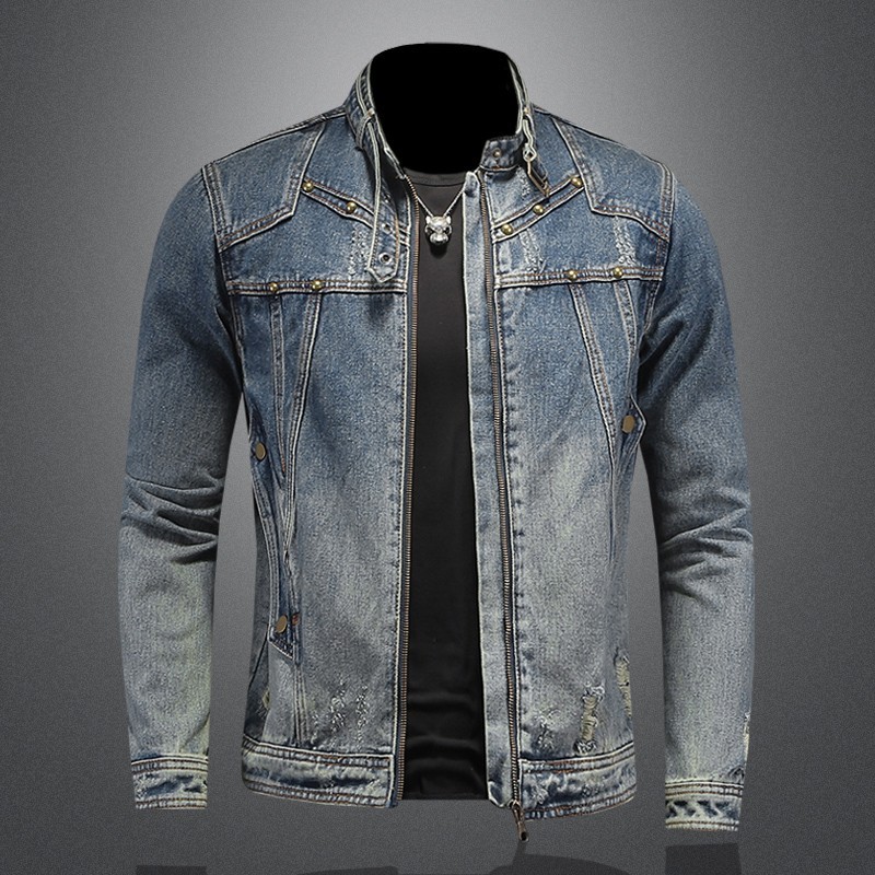 Trendy Men's Luxury Denim Bomber Jacket for Streetwear Style