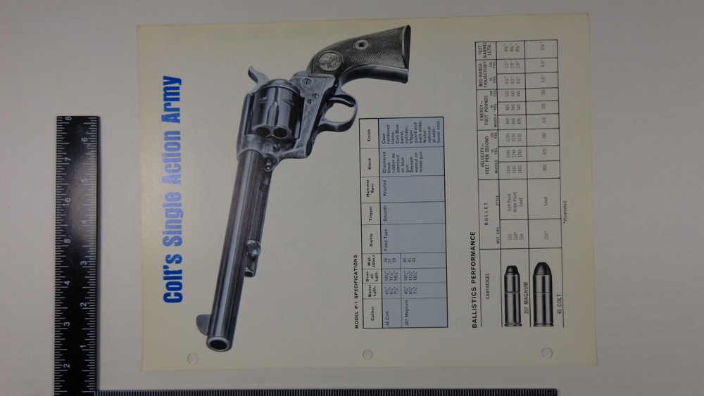 COLT SINGLE ACTION ARMY  SPEC PAGE, 2 SIDED,