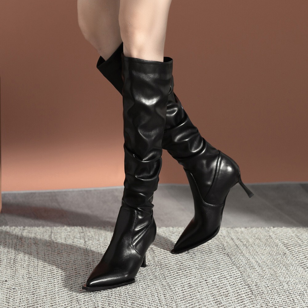 Western Cowboy Womens Pointed Toe Knee High Boots Stilettos Heels Slouch Pleated