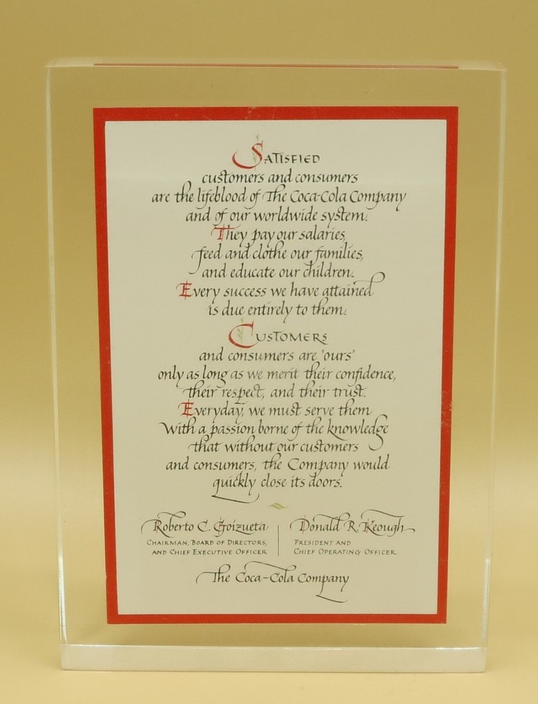 Coca-Cola 'Satified Customers & Consumers' lucite paperweight 1980's