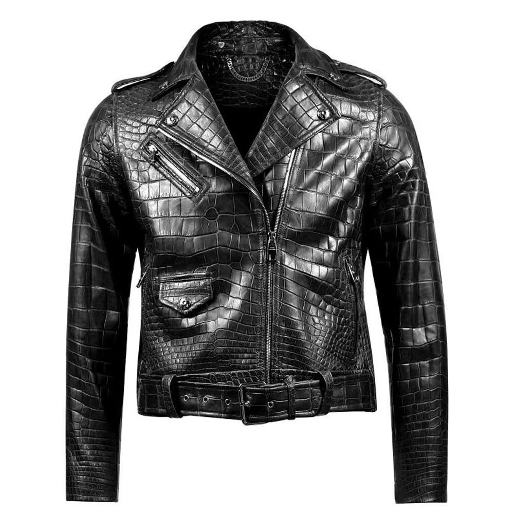 Men's Black Crocodile Pattern Biker Leather Jacket Alligator print Belted Jacket