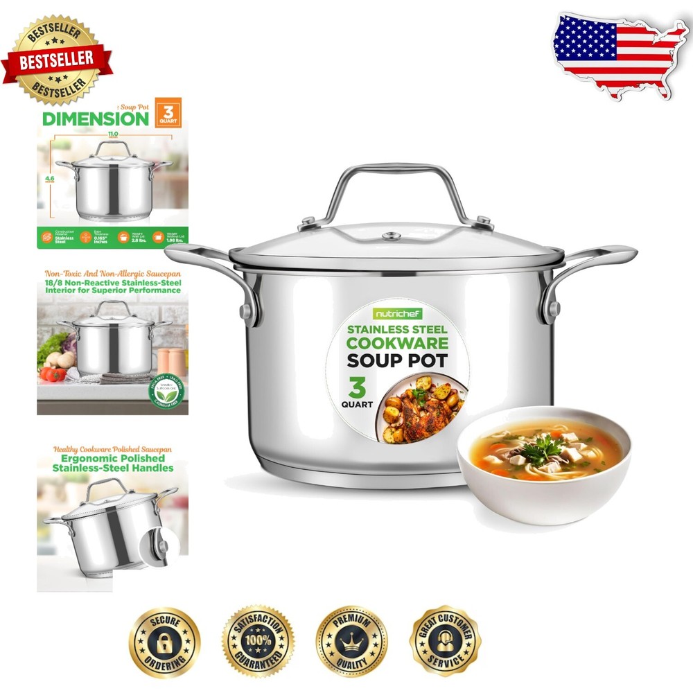 3-Quart Stainless Steel Soup Pot with Tempered Glass Lid - Induction Ready
