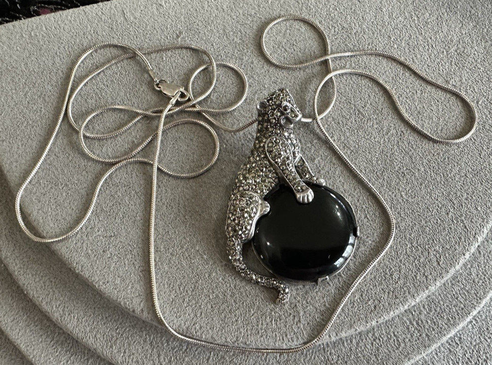 Large Vintage Sterling Silver Onyx Marcasite Panther 36