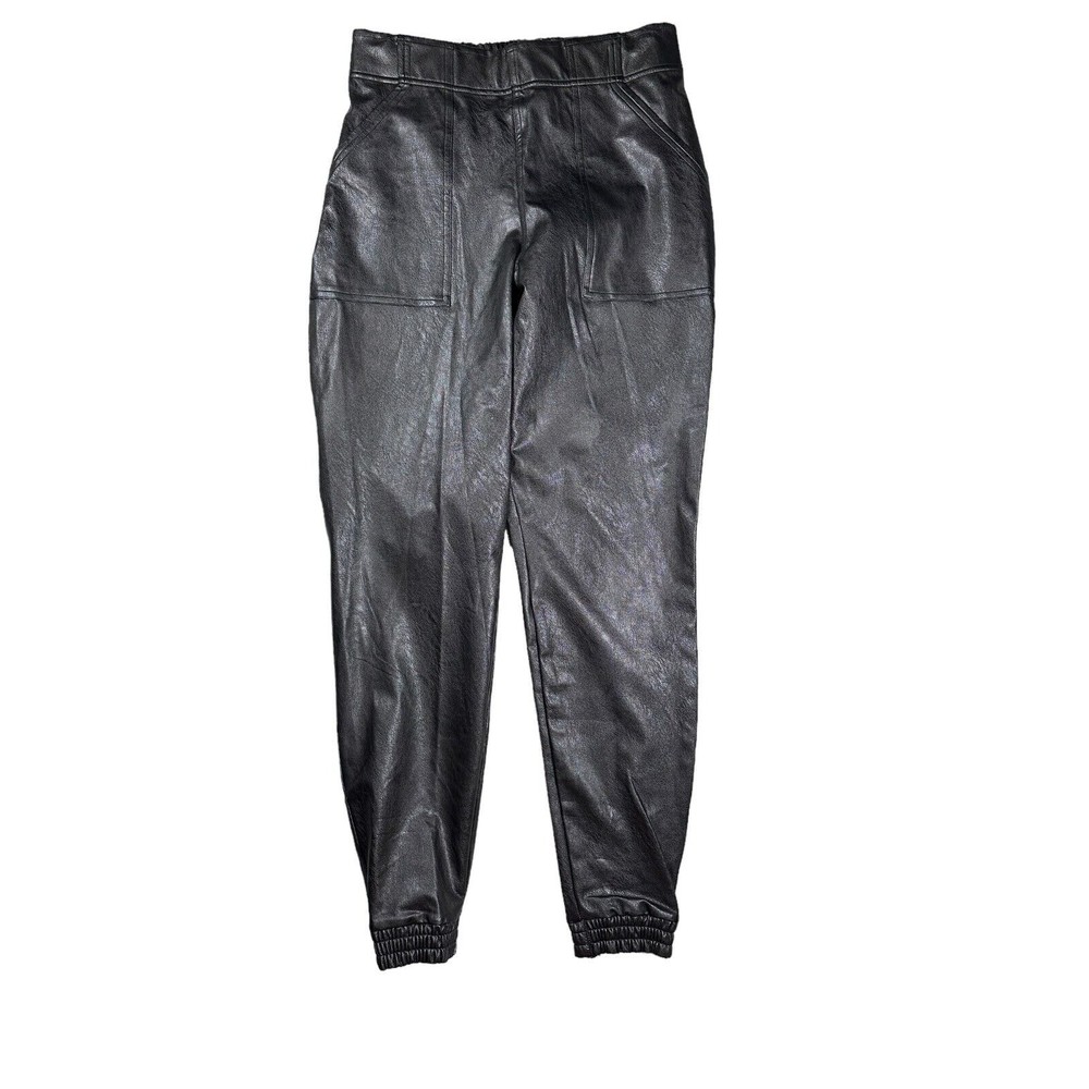 Spanx Black Faux Leather Joggers for Women Medium Tapered Stretch Pull On Travel Pants