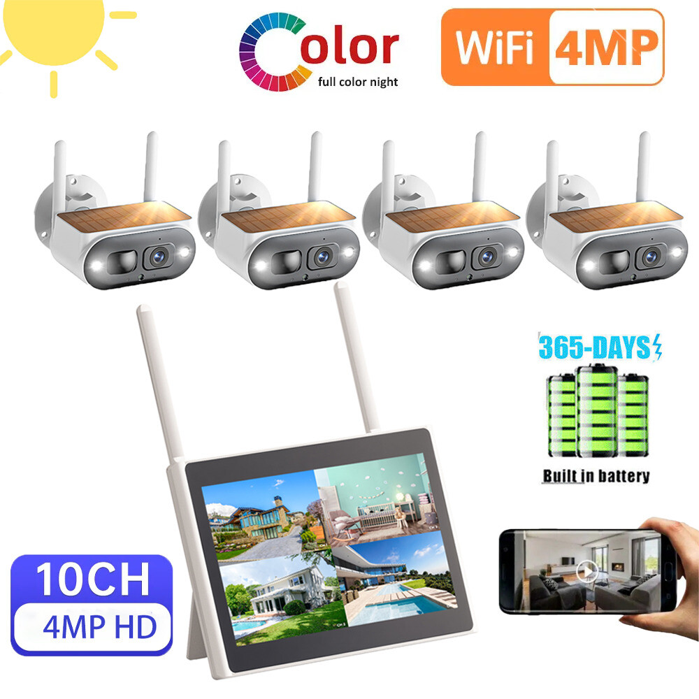4MP Wireless Home Security System w/ 4PCS Solar Camera &Monitor, 10CH& 500GB HDD