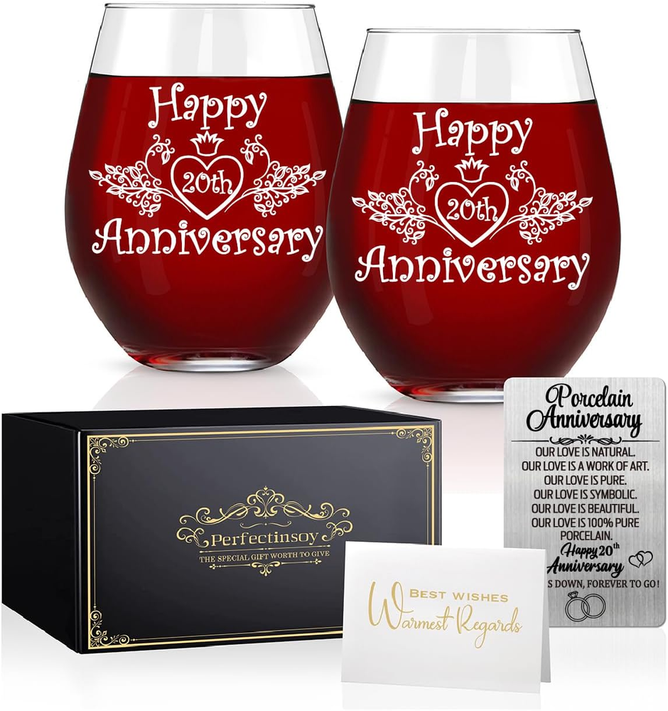 Perfectinsoy 20th Anniversary Wine Glass Set with Metallic Memorial Card
