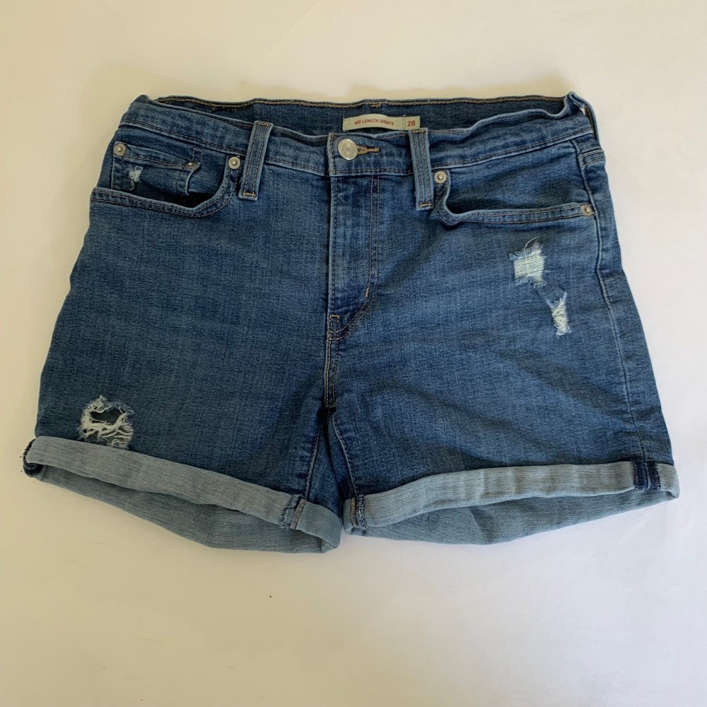 Levis Shorts Women 28 Blue Mid Length Distressed Cuffed Denim Jorts Summer Boho
