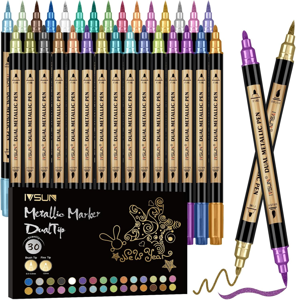 Metallic Marker Pens 30 Colors Dual Tip Acrylic Paint Markers for Black Paper and Scratch Art