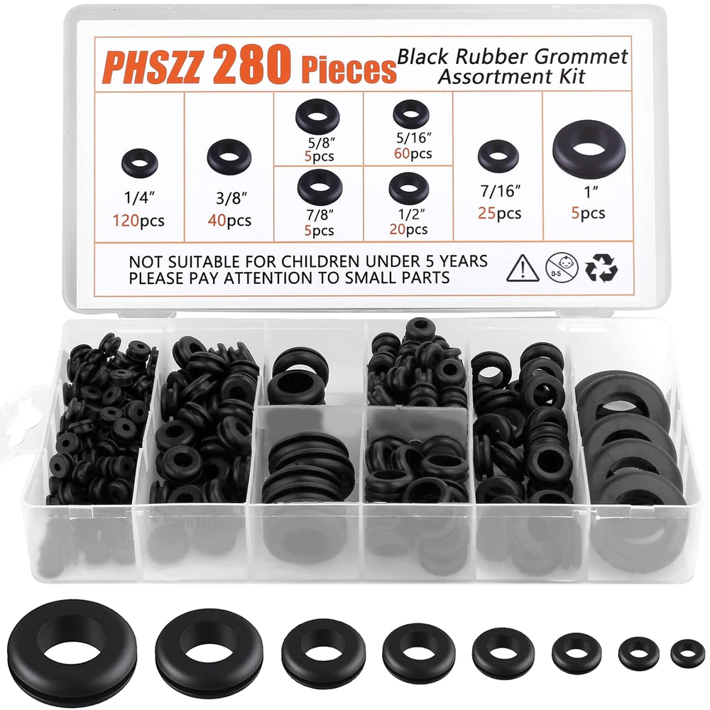 PSHZZ 280 PCS Rubber Grommets Kit, Rubber Hole Grommet Gaskets Assortment for Wi