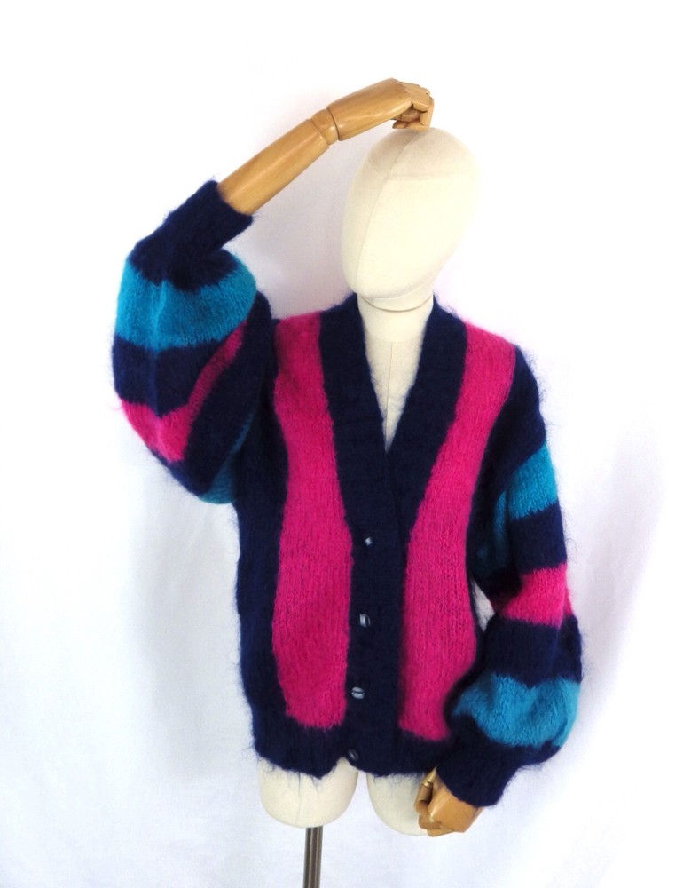 Vintage hand knit mohair slouchy vibrant pink teal black cardigan Bust 40