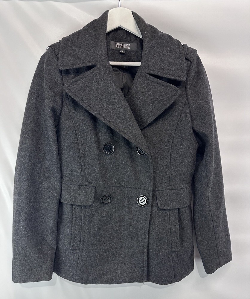 Kenneth Cole Women's Wool Jacket Military Pea Coat Gray Pockets Lined 6