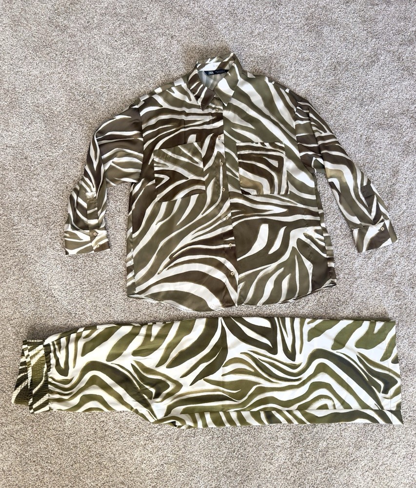 Women’s Zara Khaki Green Zebra Print Satin Blouse and Matching Pants Set Size S