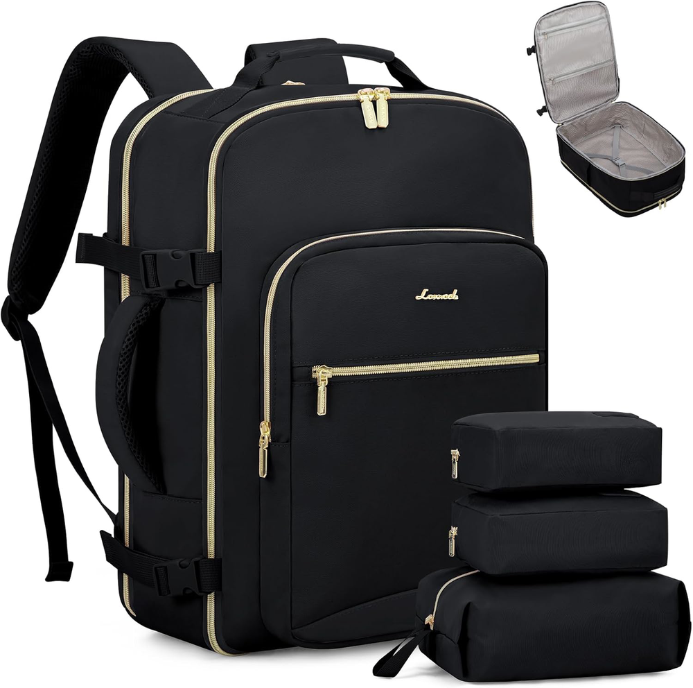 40L Black Travel Backpack with Laptop Sleeve and 3 Packing Cubes