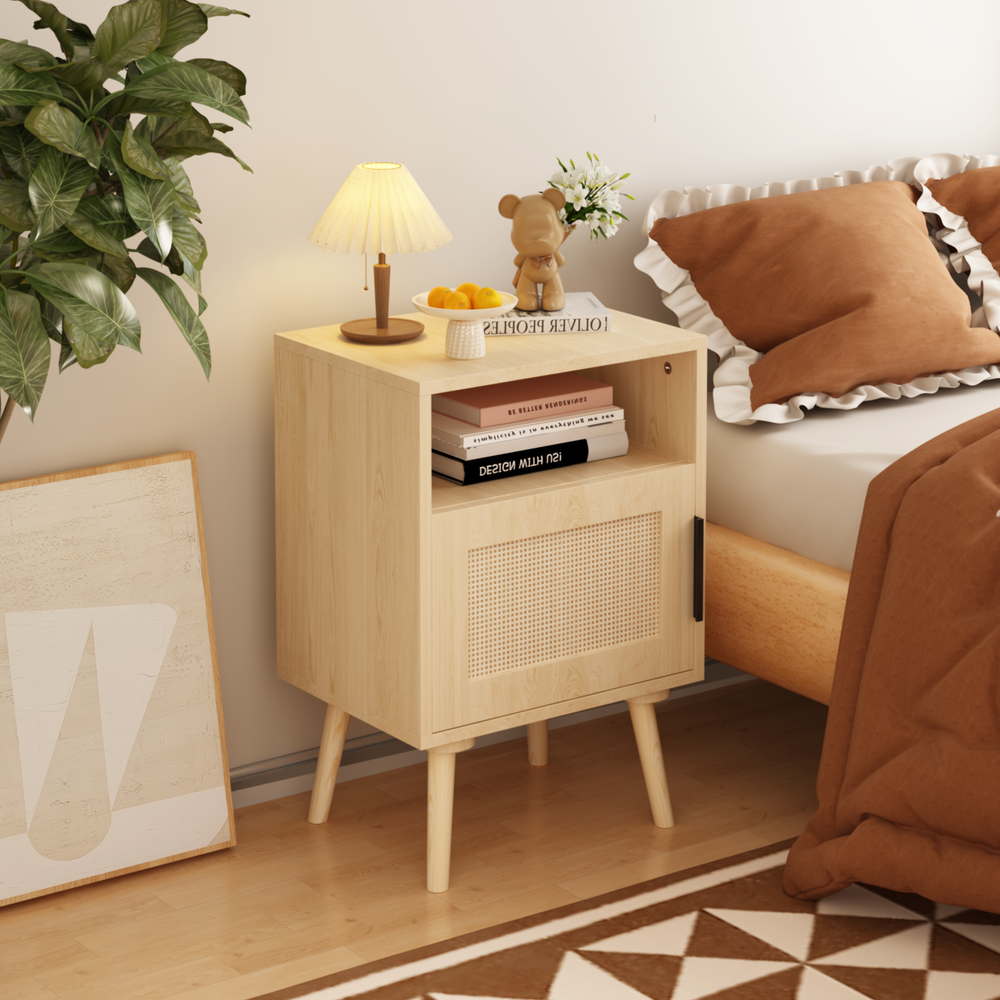 22.83 Inch Rattan Nightstand with Door and Open Shelf for Bedroom