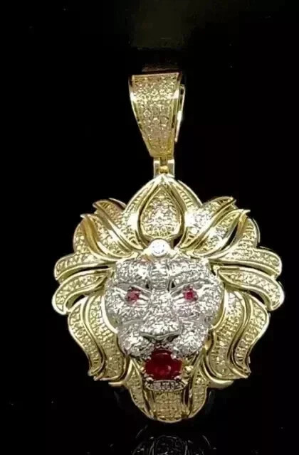 5Ct Round Cut Lab Created Ruby Men's Lion Pendant 14k Yellow Gold Finish