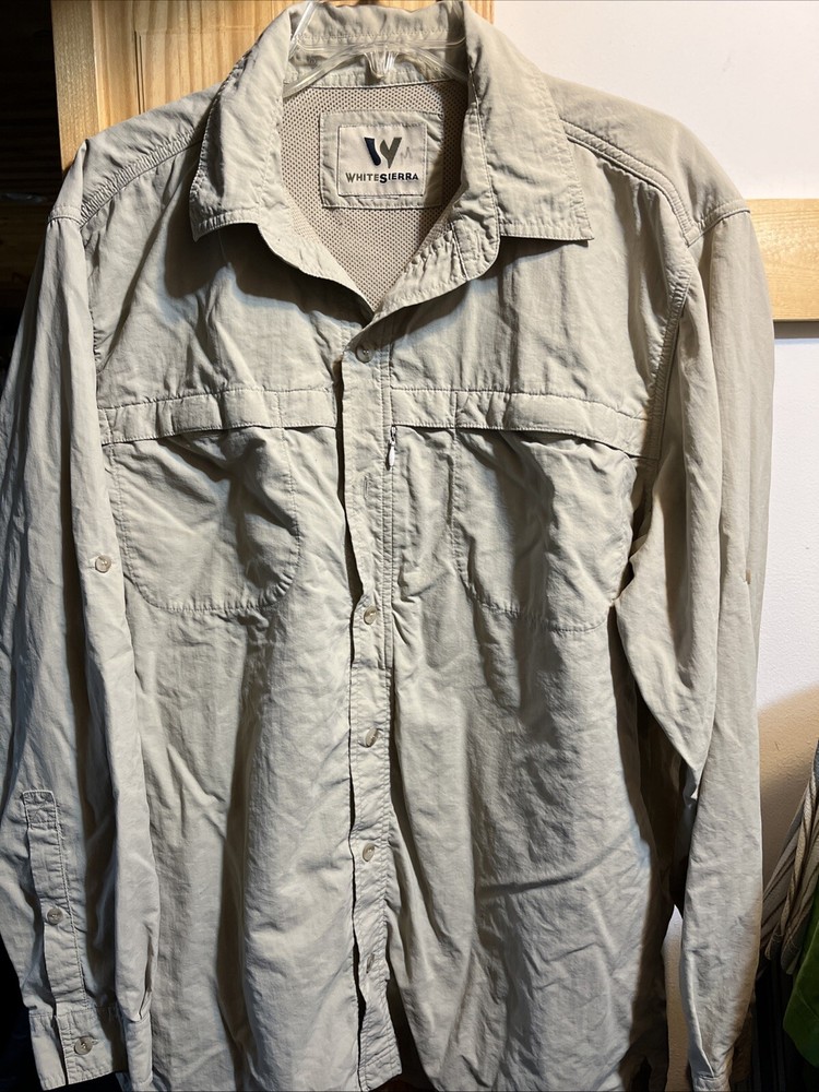 White Sierra Shirt Long Sleeve Men’s Large Brown Mesh Lined Pockets Fishing