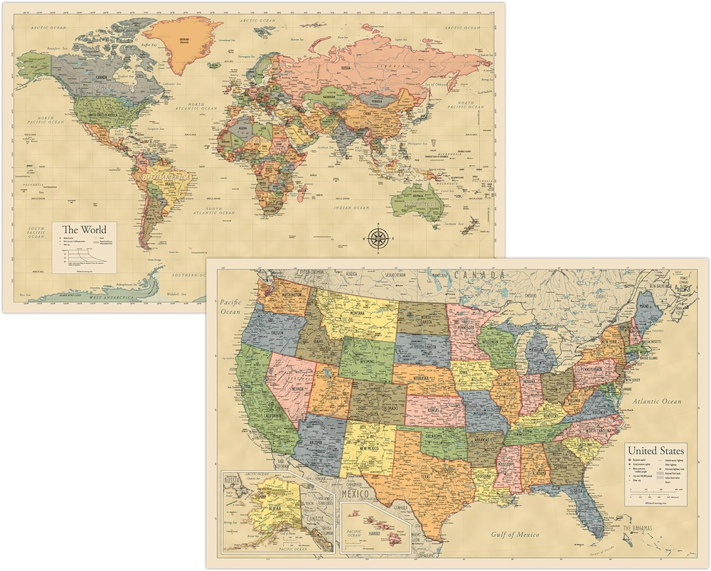 2 Pack Laminated World Map US Map Poster Set Wall Chart Map of the World United