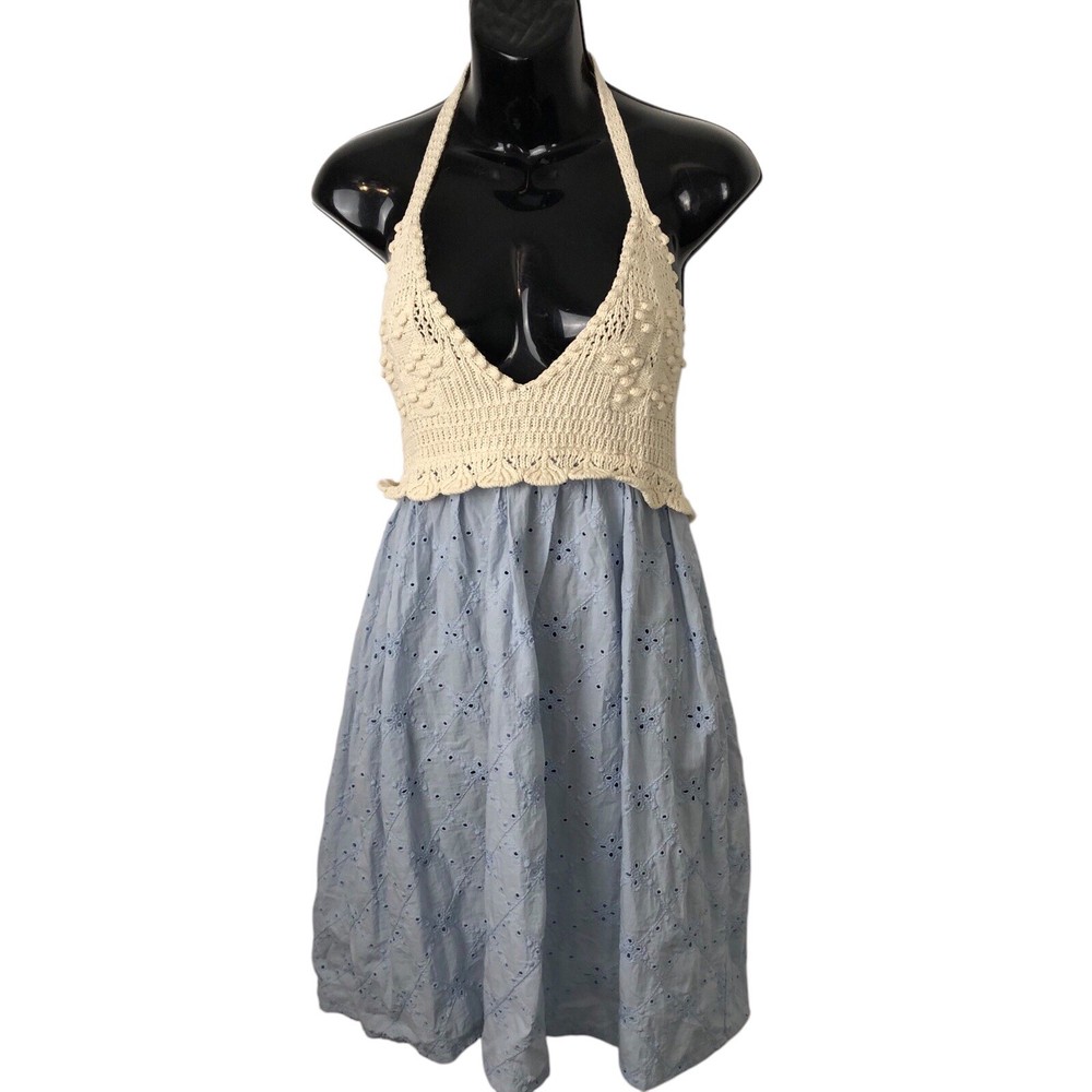 Zara NWT Crochet Halter Eyelet Mini Dress Large
