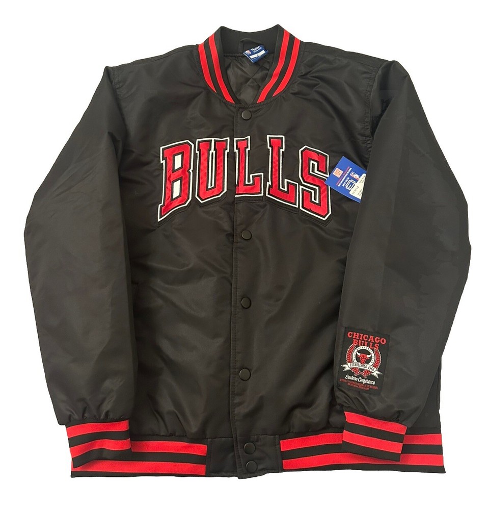 NWT UNK NBA Chicago Bulls Varsity Black Red Full-Snap Satin Jacket Men's Large L