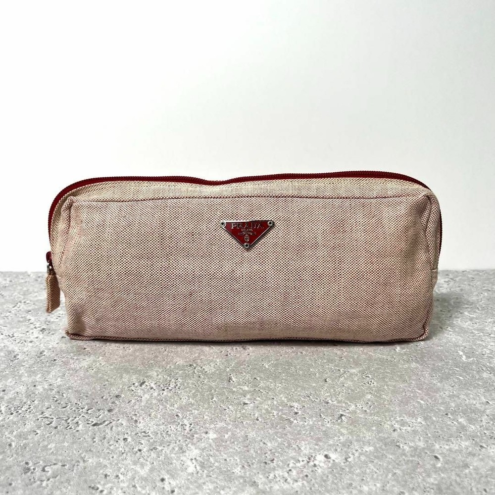 [Good condition] PRADA Triangle Logo Canvas Pouch Small item case Makeup pouch