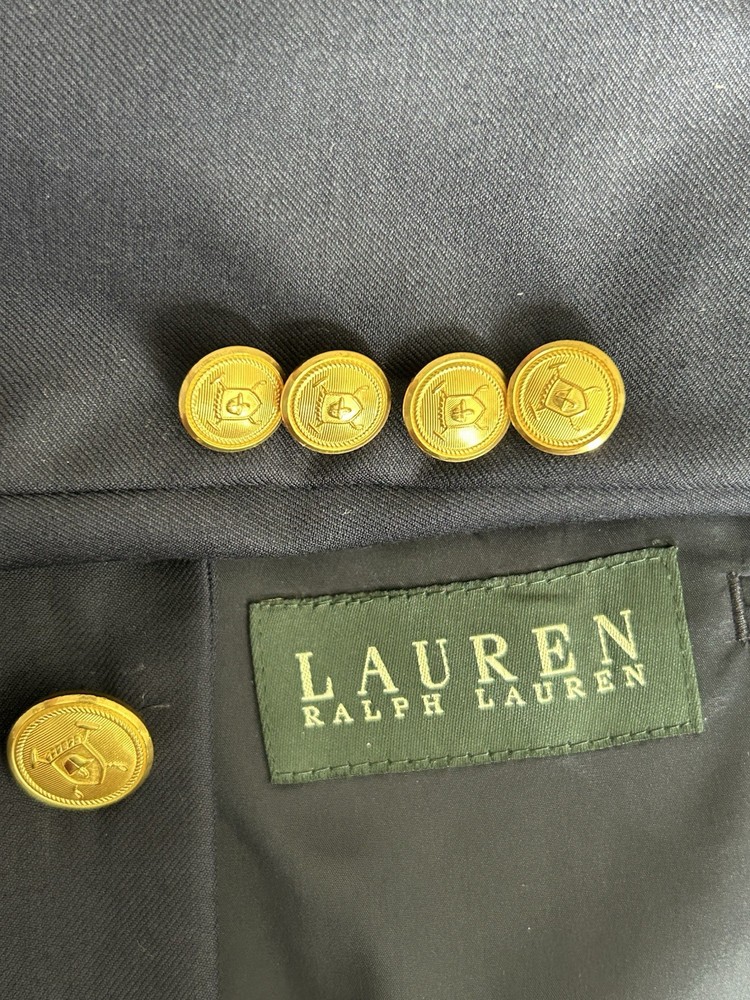 Ralph Lauren Jacket Mens Solid Navy Blue Wool Blazer Gold Shield Button Size 44R