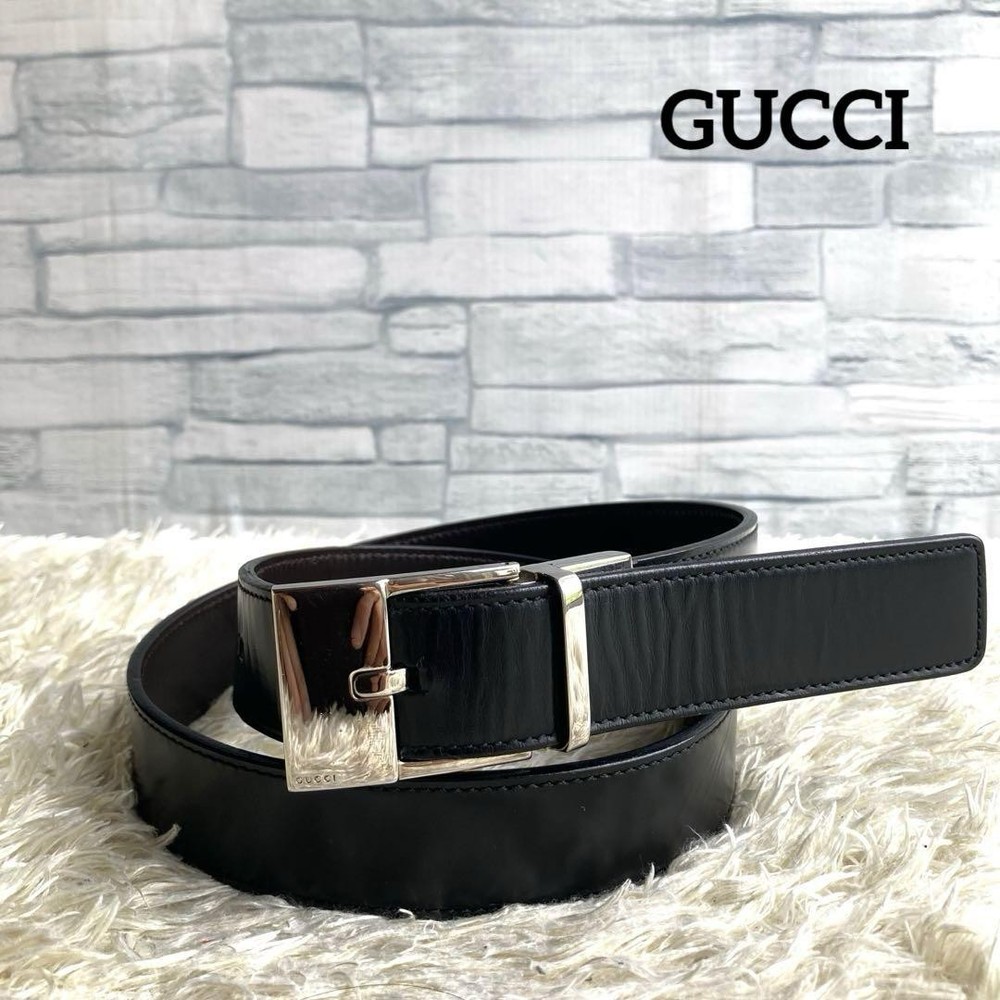 GUCCI Black Leather Belt with Silver Buckle Authentic Made in Italy Pre-Owned Hardware