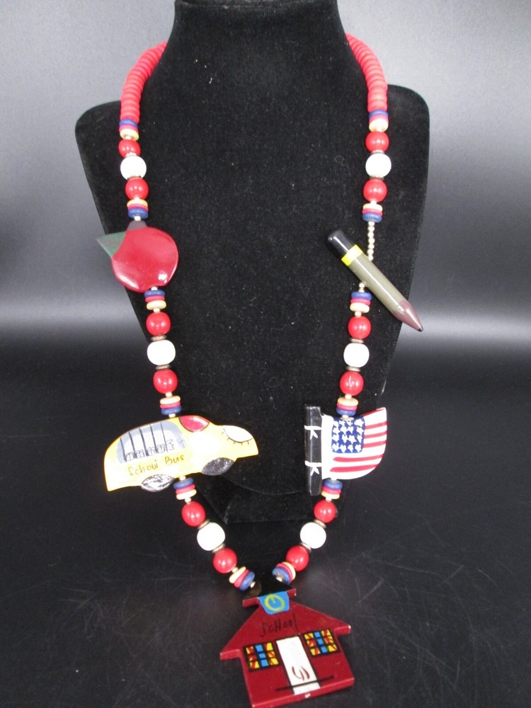 Teacher Back to School Bus Wood Bead Statement Necklace 24