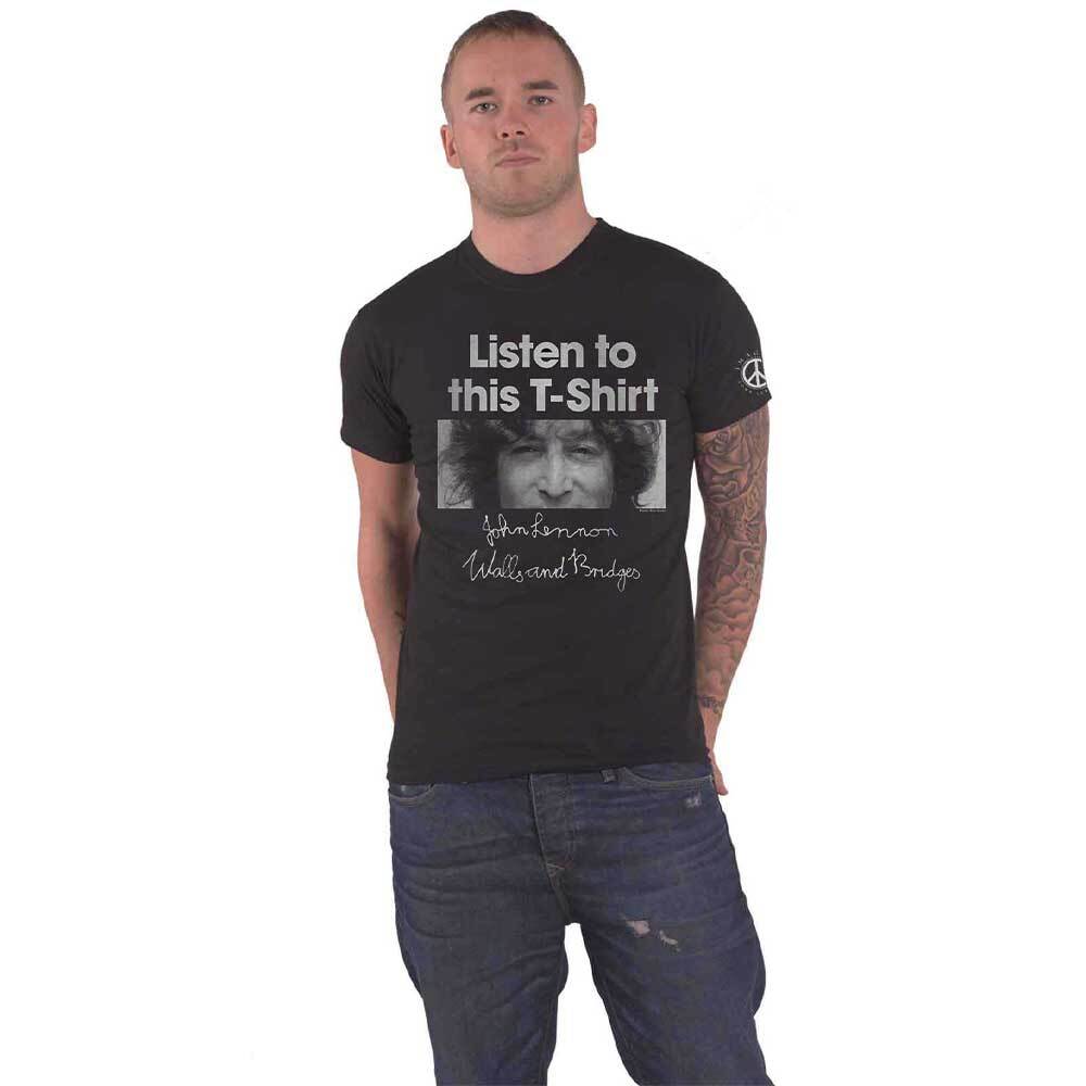 Official John Lennon Listen T-Shirt Logo Mens Black Tee