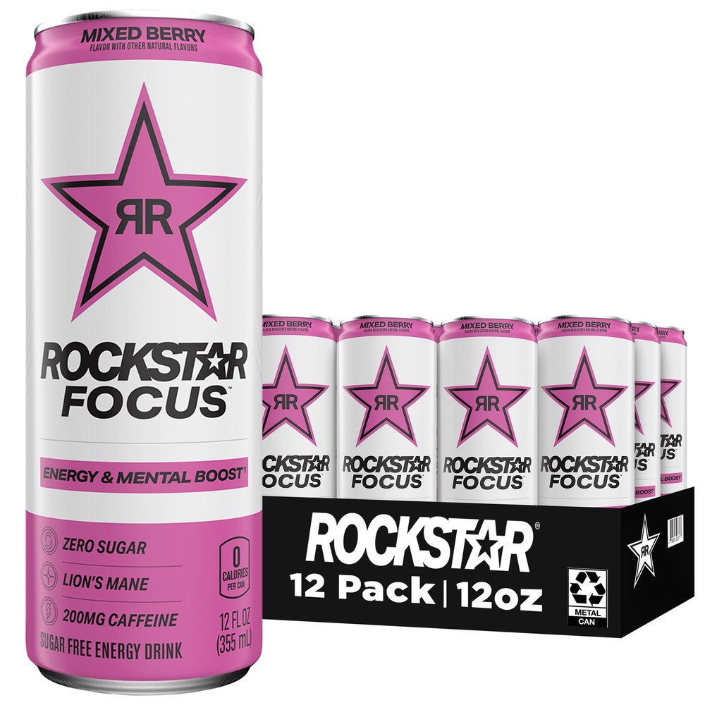 Rockstar Focus Zero Sugar Energy Drink, Mixed Berry Flavor, 12 Oz 12 Pack Cans