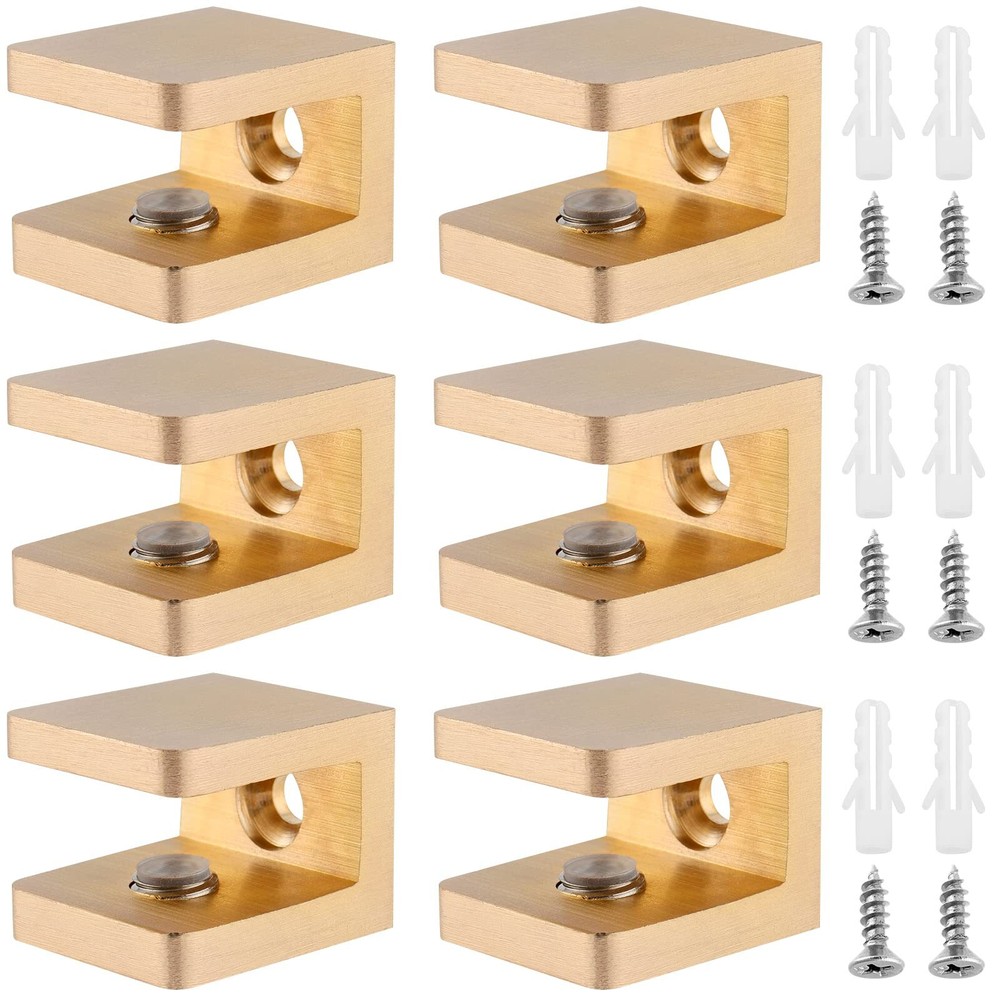 6 PCS U-Clamp Shower Glass Support, Square Glass Clamp Clips, Brass Mirror Mo...