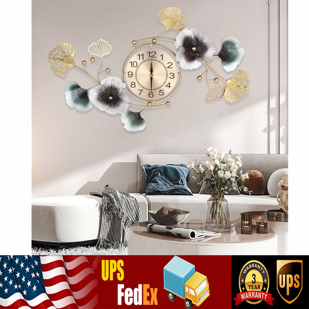 NEW 90*45cm Large Wall Clock Ginkgo Leaf Metal Wall Watch Living Room Home Decor