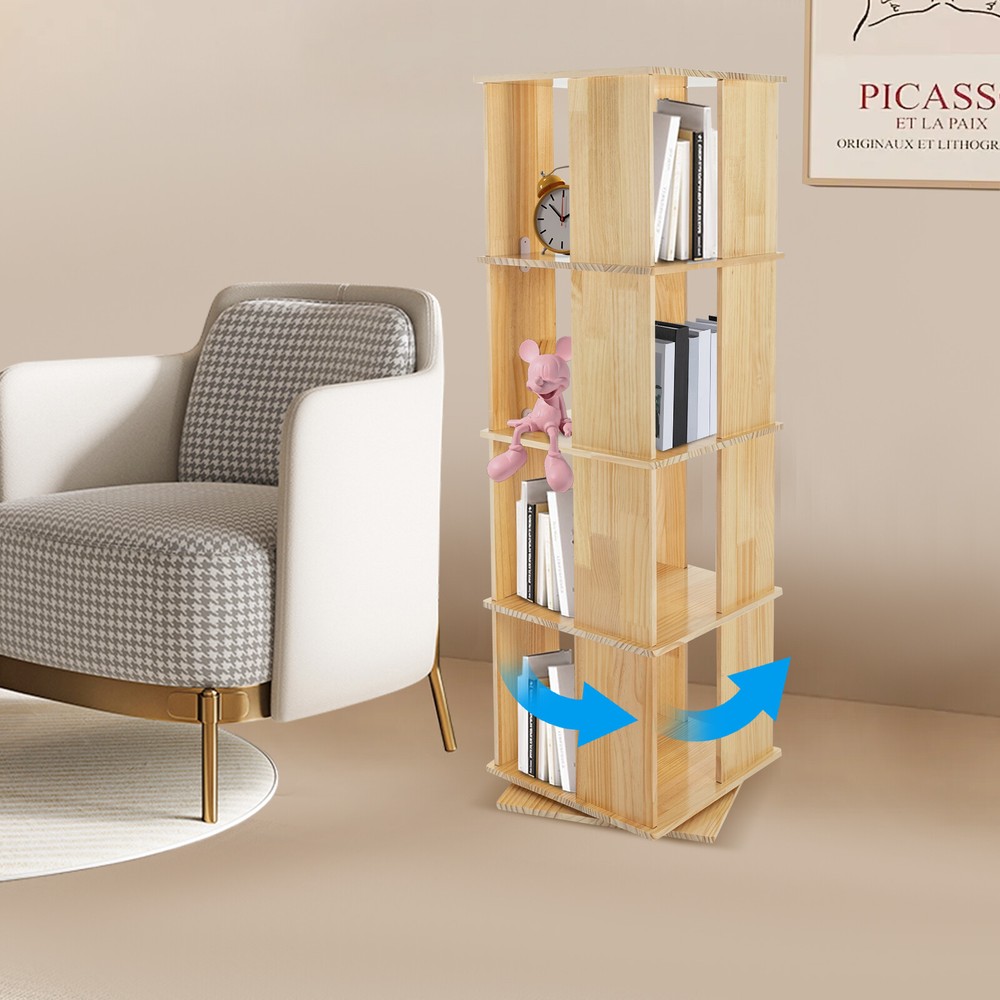 360° Rotating 4-Tier Wooden Bookcase Display Stand for Storage