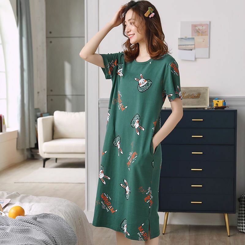 Women Sleep Shirt Dress Short Sleeve Nightgown Pajama Nights Sleepwear One Size