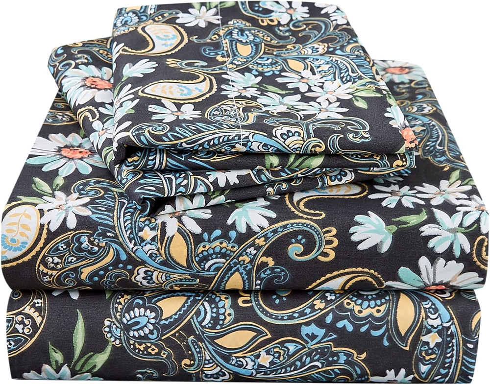 Black Paisley Floral Printed Sheet Set Queen Size, 4 Piece Soft Pattern Microfib