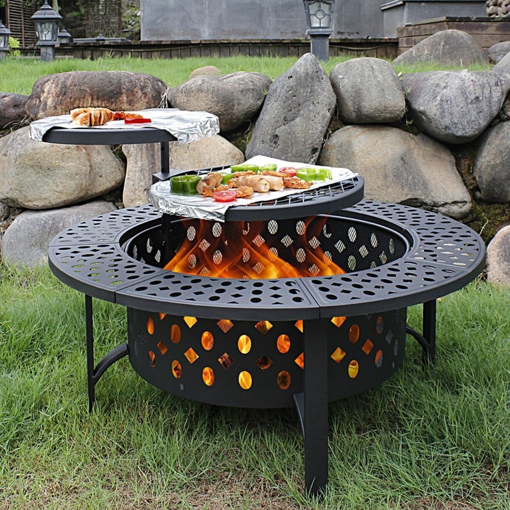 Wood Burning Fire Pits for Outside with Lid, Poker and Round Waterproof