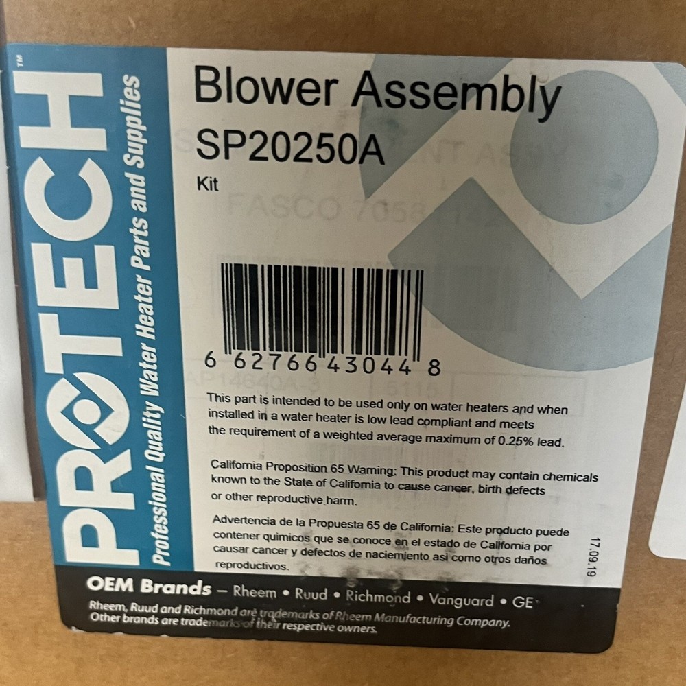 NEW!!! Rheem OEM Protech SP20250A Water Heater Blower Assembly Kit FAST SHIPPING
