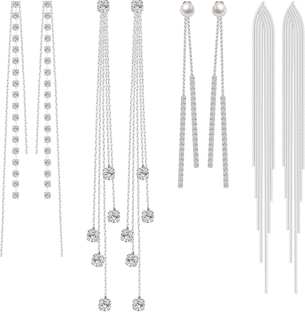 4 Pairs Long Tassel Dangle Drop Earrings Metal Chain Earrings Fake Crystal Pearl