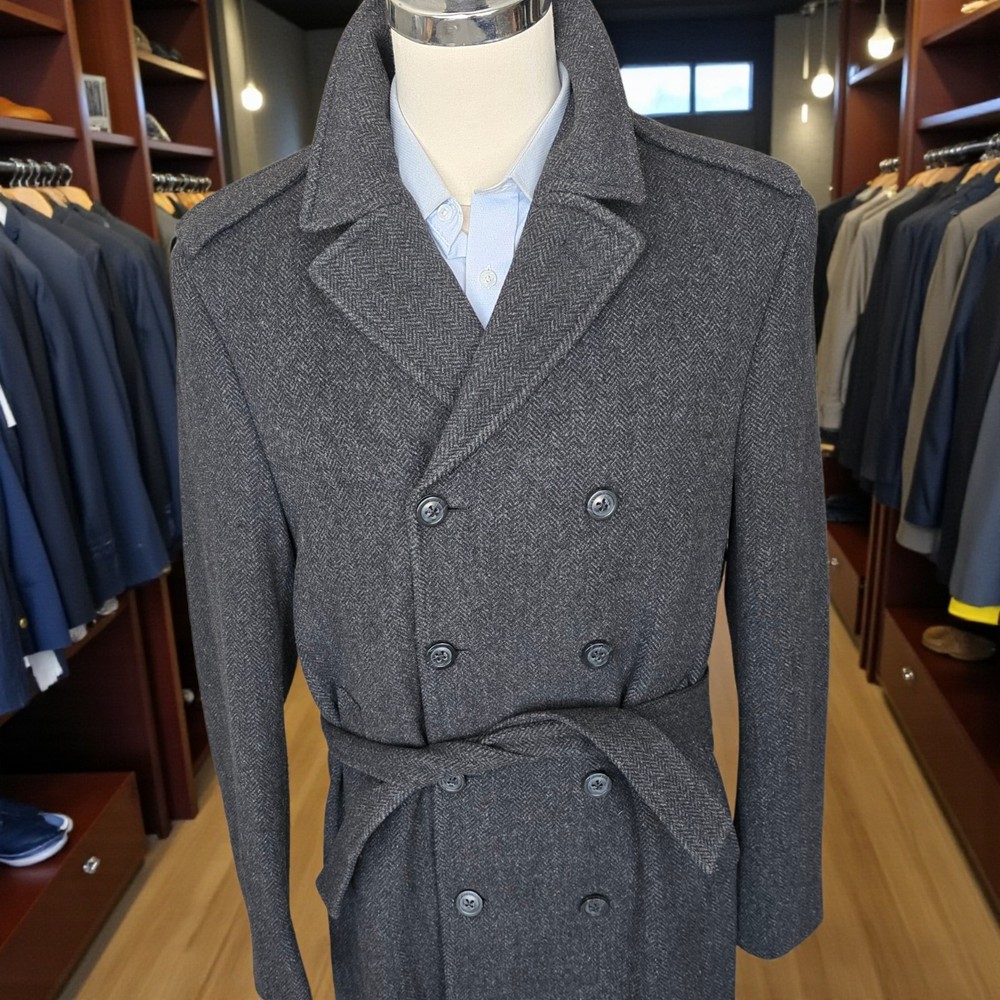 Double Breasted Herringbone Overcoat 40L Belted Wool Epaulette Jos. A Bank