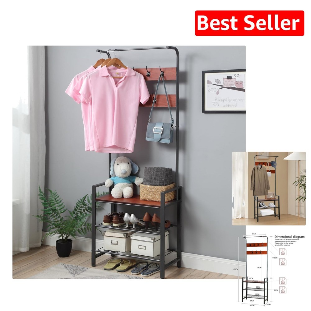 Versatile Coat Rack & Shoe Bench - Durable Freestanding Organizer in Brown