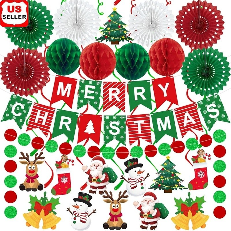 Christmas Party Decorations Set Paper Fans Honeycomb Balls Swirls Banner Garland