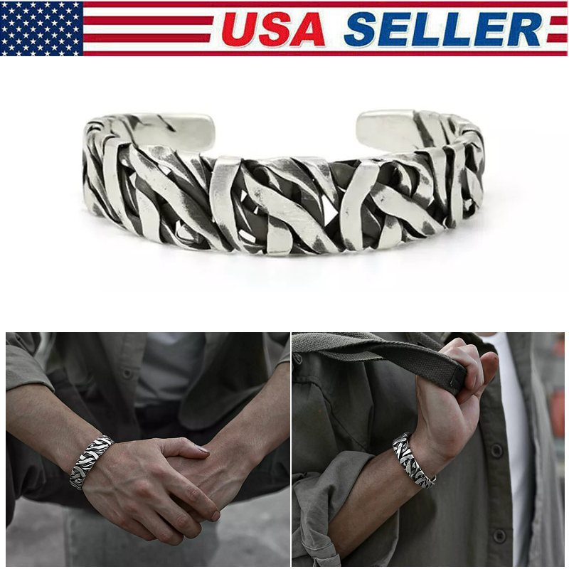 Sterling Silver Retro Twisted Open Wide Bracelet Bangle Men's Jewelry Gift USA