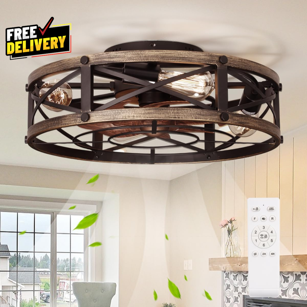 Farmhouse Flush Mount Caged Ceiling Fans with Lights 6 Speeds Rustic Low Profile