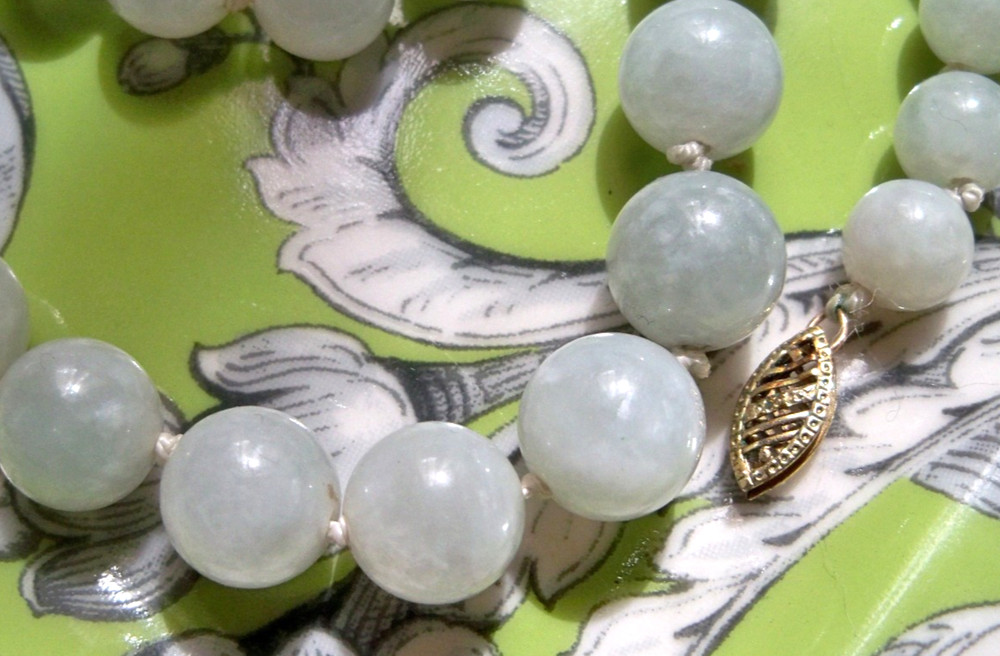 estate Vintage jade NECKLACE 14k gf yellow mcm deco Bead pale green