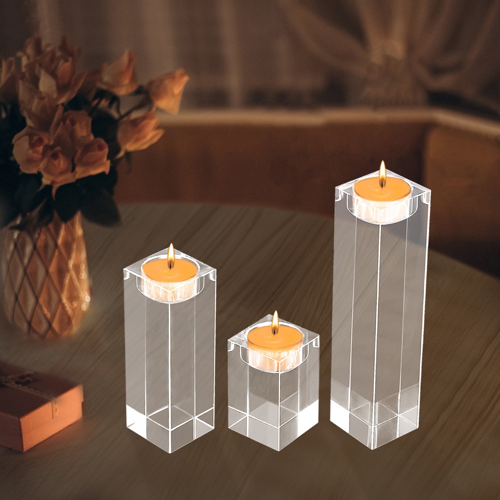 3Pcs Square Crystal Tealight Candle Holders Elegant Home Decor Centerpiece Set