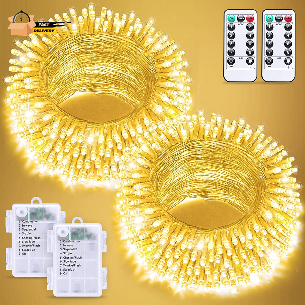 2 Pack Battery Operated Christmas Lights Outdoor Indoor, Each 33Ft 100 LED Warm