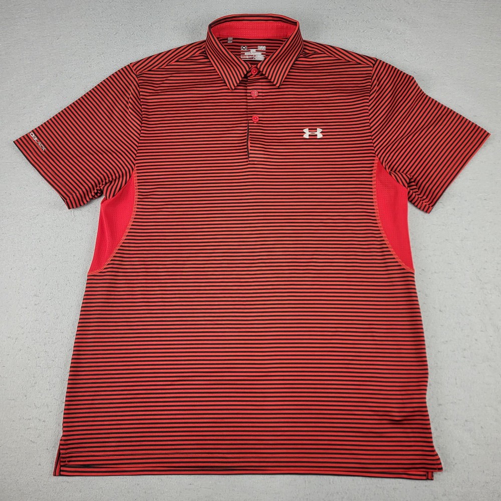 Under Armour Polo Shirt Mens Large Red Black Striped HeatGear Coldblack Golf